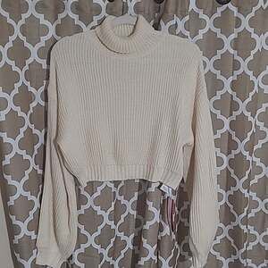 Romwe NWT Womens Crop Sweater Lantern Long Sleeve Size Small Ivory Cream